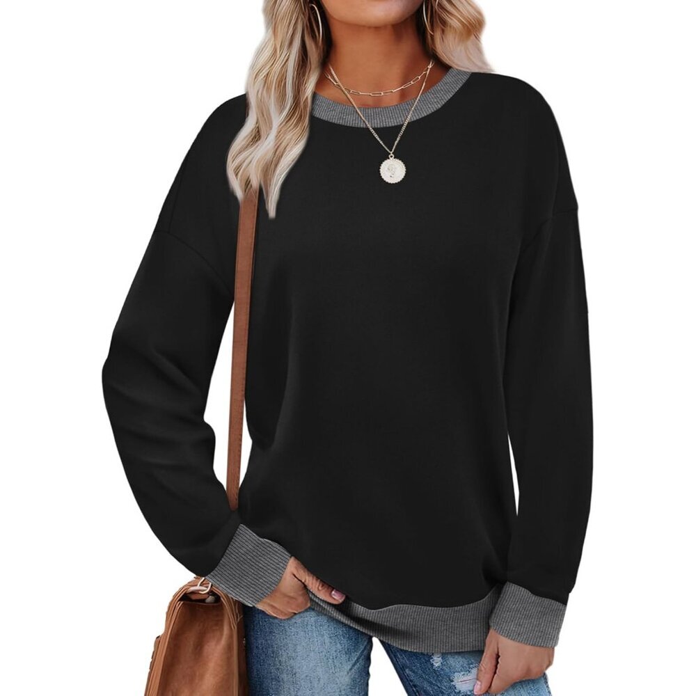 Sweatshirts for Women Crewneck Long Sleeve Loose Fit Tops Color Block Ribbed Tri